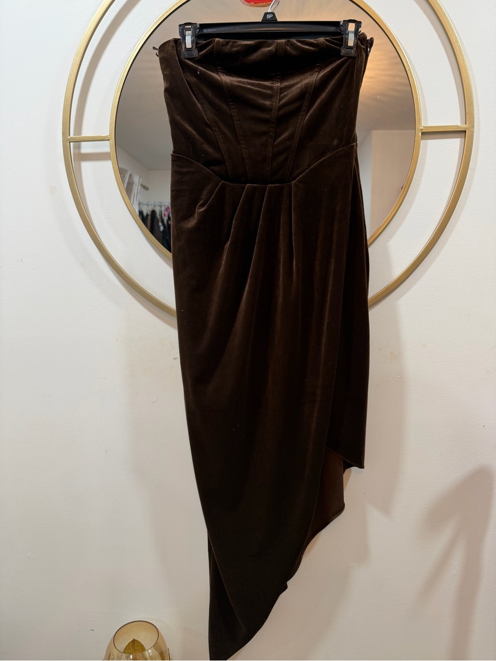 Express Dark Brown Velvet Asymmetrical Strapless Dress
